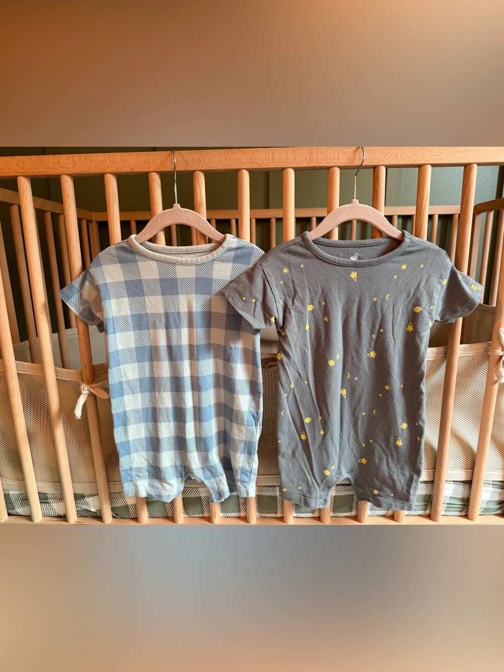 Baby Short-Sleeve Pajama Rompers in Slate Gray and Blue Check